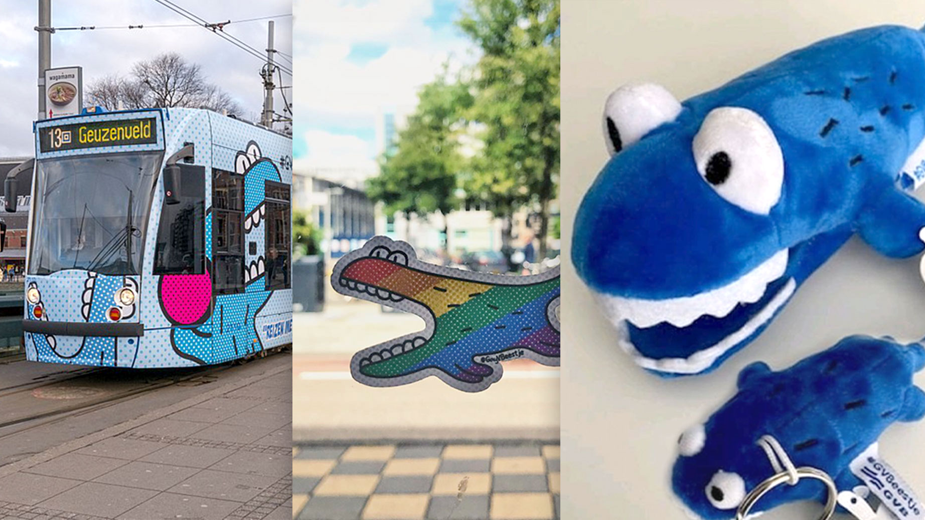 A tram with GVBeestje stickers, GAYvbeestje, and a stuffed version of GVBeestje